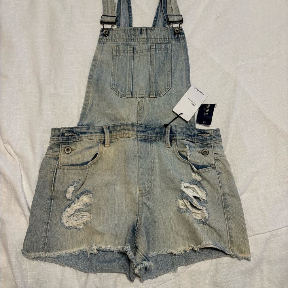 Forever 21 Denim Distressed Overalls Shorts